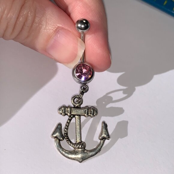 Large Anchor with Rope and Pink Gem Dangle Belly Ring - Picture 8 of 16